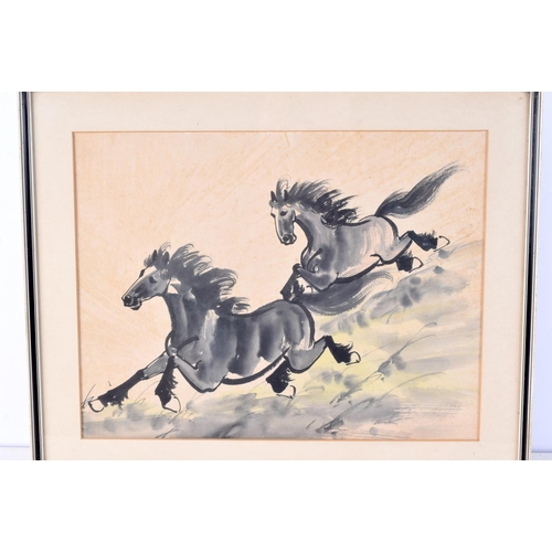 3100 - A FRAMED CHINESE INKWORK OF HORSES 20th Century. 28 cm x 37 cm.