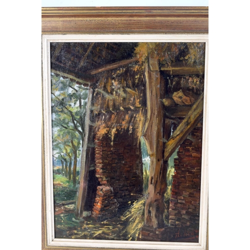 3102 - European School (C1900) Oil on canvas, Derelict farm building. 38 cm x 29 cm.