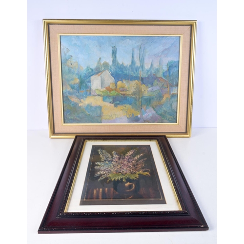 3114 - A LARGE FRAMED OIL ON BOARD C1980 together with a still life. Largest 44 cm x 59 cm. (2)