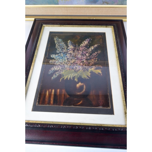 3114 - A LARGE FRAMED OIL ON BOARD C1980 together with a still life. Largest 44 cm x 59 cm. (2)