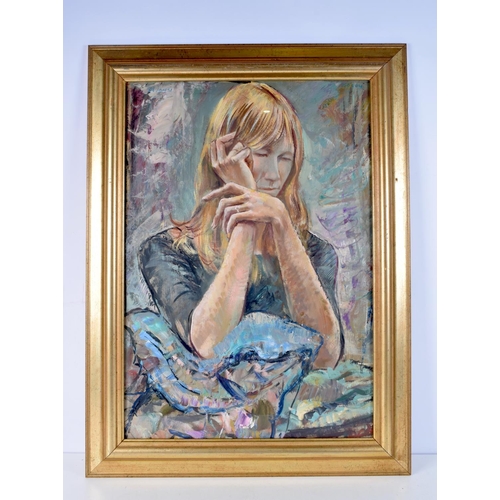 3116 - Derrick Sayer (20th Century) Oil on board, Pensive female. 74 cm x 51 cm.