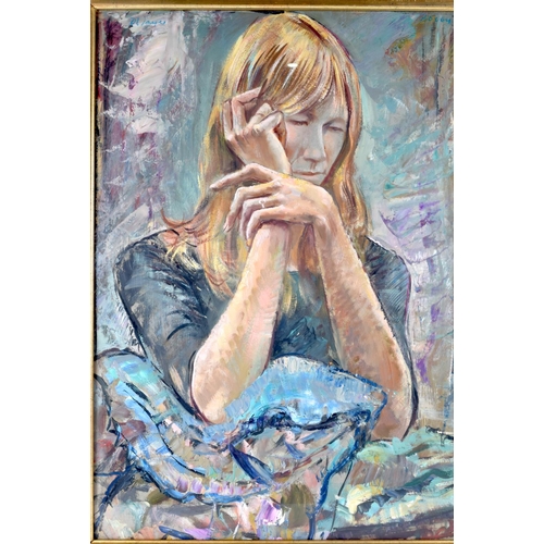 3116 - Derrick Sayer (20th Century) Oil on board, Pensive female. 74 cm x 51 cm.