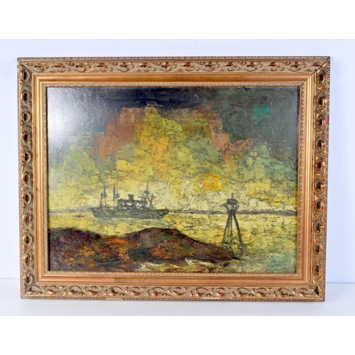 3118 - A FRAMED OIL ON BOARD OF A HARBOUR SCENE indistinctly signed 48 x 64 cm.