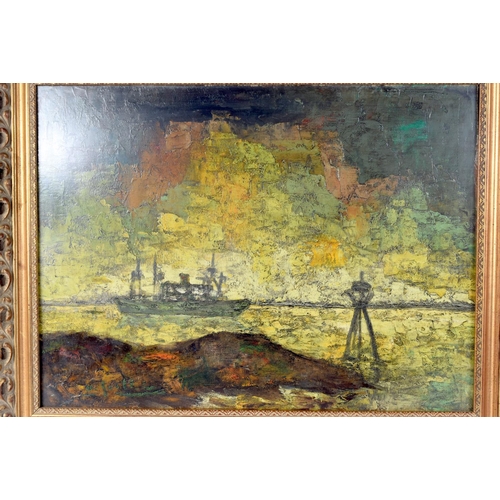 3118 - A FRAMED OIL ON BOARD OF A HARBOUR SCENE indistinctly signed 48 x 64 cm.