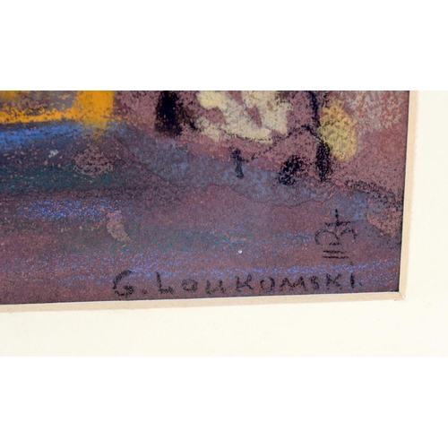 3119 - A FRAMED PASTEL by G Loukumski, depicting an interior. 34 cm x 53 cm.