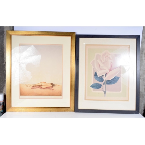 3122 - A LARGE FRAMED PRINT OF A FEMALE on a beach, together with a large framed print of a rose. Largest 5... 