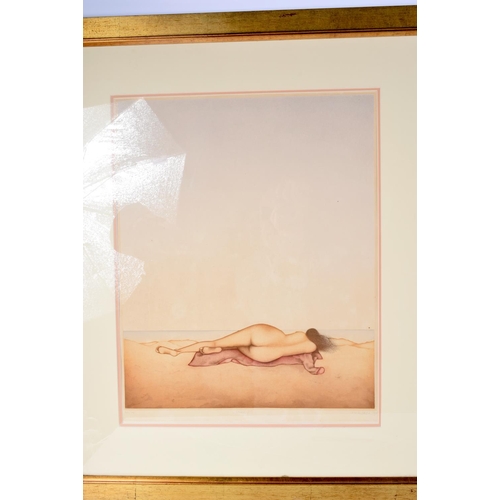 3122 - A LARGE FRAMED PRINT OF A FEMALE on a beach, together with a large framed print of a rose. Largest 5... 