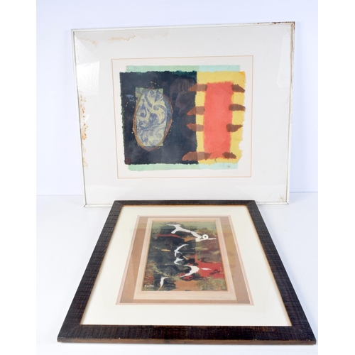 3123 - A LARGE FRAMED ABSTRACT together with a framed abstract by Graham Ewing. Largest 49 cm x 42 cm. (2)