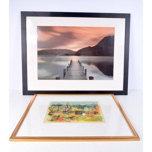 3126 - A FRAMED LITHOGRAPH together a large photograph. Largest 43 cm x 62 cm. (2)