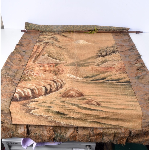 3130 - A 19TH CENTURY JAPANESE MEIJI PERIOD SILKWORK MT FUJI HANGING. 108 cm x 89 cm.