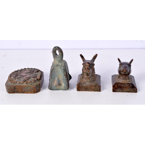 3682 - A collection of Chinese bronze seals together with a bronze Opium weight largest 5 cm (4).