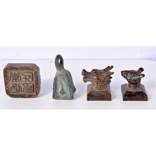 3682 - A collection of Chinese bronze seals together with a bronze Opium weight largest 5 cm (4).