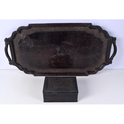 3748 - A Sri Lankan carved wood tray together with a carved wooden box 30 x 75 cm (2)