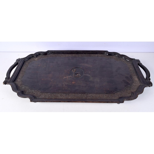 3748 - A Sri Lankan carved wood tray together with a carved wooden box 30 x 75 cm (2)