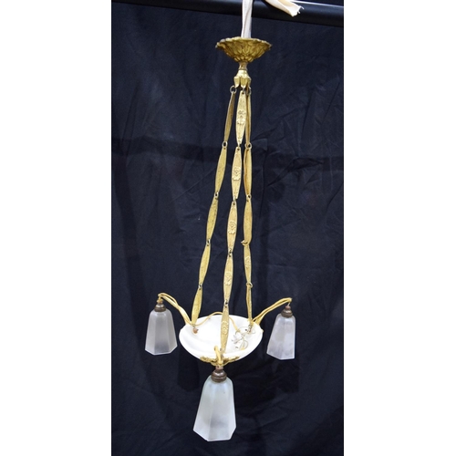 3752 - An alabaster art deco gilded three arm chandelier