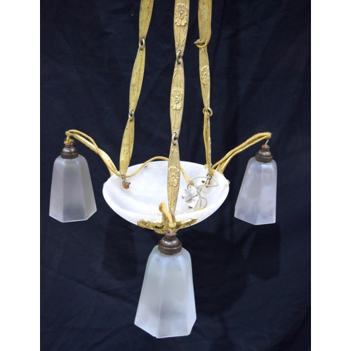 3752 - An alabaster art deco gilded three arm chandelier