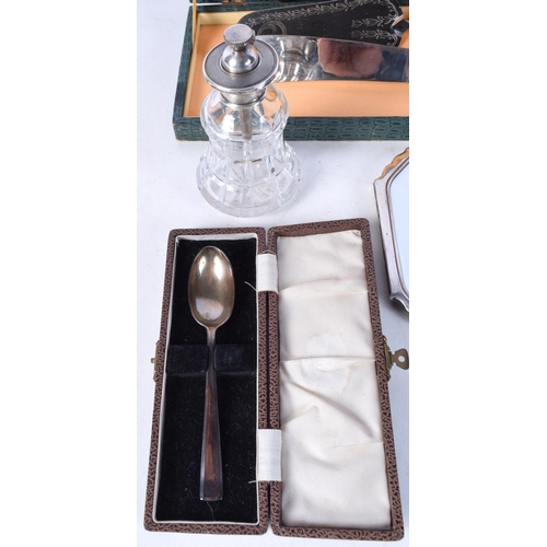 3767 - A collection of silver and plated items Egg cup and spoons, mirror etc (5)