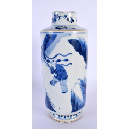 113 - A LARGE 17TH/18TH CENTURY CHINESE BLUE AND WHITE PORCELAIN VASE Kangxi, painted with a male upon a b... 