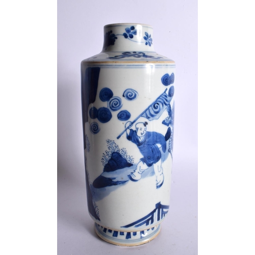 113 - A LARGE 17TH/18TH CENTURY CHINESE BLUE AND WHITE PORCELAIN VASE Kangxi, painted with a male upon a b... 