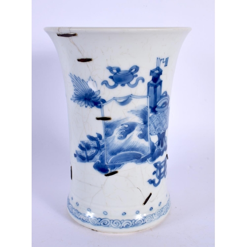 114 - A 17TH/18TH CENTURY CHINESE BLUE AND WHITE GU FORM BEAKER VASE Kangxi/Yongzheng, painted with precio... 