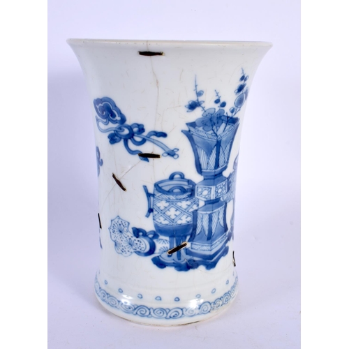 114 - A 17TH/18TH CENTURY CHINESE BLUE AND WHITE GU FORM BEAKER VASE Kangxi/Yongzheng, painted with precio... 