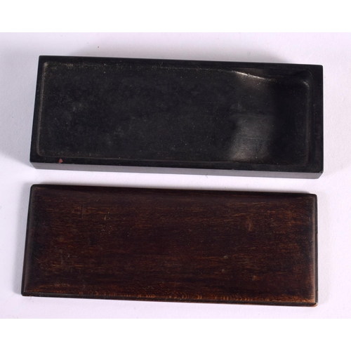 129 - A 19TH CENTURY JAPANESE MEIJI PERIOD CARVED HARDWOOD INK BLOCK together with an agate koro & imitati... 