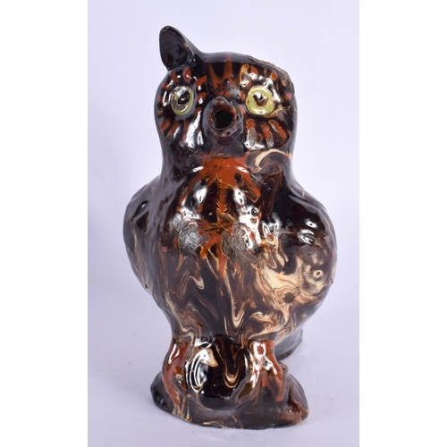 131 - A 19TH CENTURY TREACLE GLAZED POTTERY OWL JUG. 18 cm high.