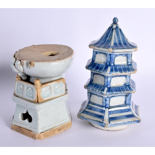 134 - AN 18TH CENTURY CHINESE PALE GLAZED STONE WARE LOTUS STAND Qing, together with a Wanli period blue a... 