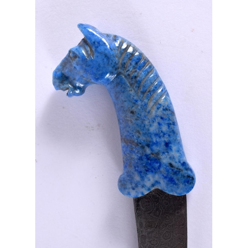 139 - A MIDDLE EASTERN ISLAMIC LAPIS LAZULI KNIFE with engraved iron scabbard. 18 cm long.