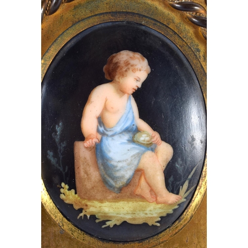 140 - A PAIR OF 19TH CENTURY EUROPEAN PORCELAIN PLAQUES mounted in bronze. 14 cm x 12 cm.