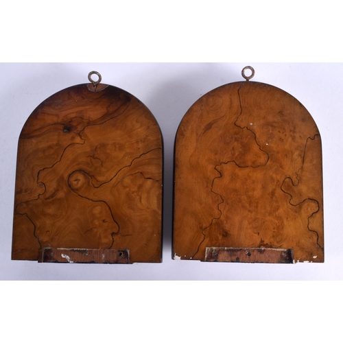 140 - A PAIR OF 19TH CENTURY EUROPEAN PORCELAIN PLAQUES mounted in bronze. 14 cm x 12 cm.