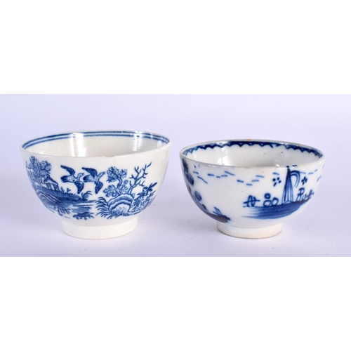 142 - TWO 18TH CENTURY ENGLISH BLUE AND WHITE PORCELAIN TEABOWLS. 8 cm diameter. (2)