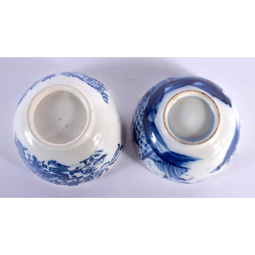 142 - TWO 18TH CENTURY ENGLISH BLUE AND WHITE PORCELAIN TEABOWLS. 8 cm diameter. (2)