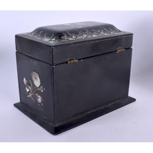 147 - A VICTORIAN PAPER MACHE TEA CADDY together with a small dish. Largest 14 cm x 12 cm. (2)