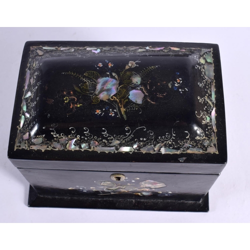 147 - A VICTORIAN PAPER MACHE TEA CADDY together with a small dish. Largest 14 cm x 12 cm. (2)