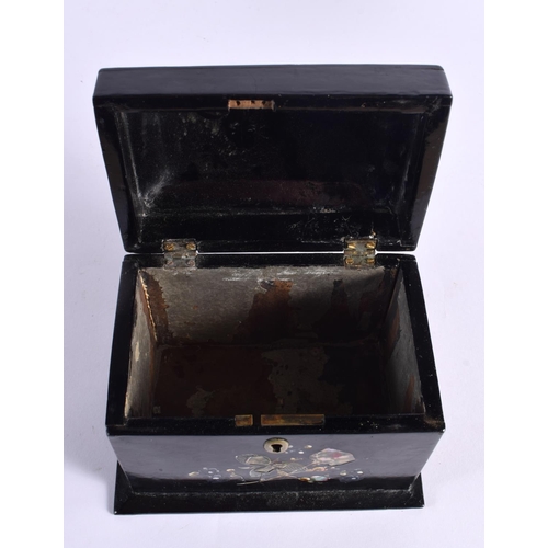 147 - A VICTORIAN PAPER MACHE TEA CADDY together with a small dish. Largest 14 cm x 12 cm. (2)