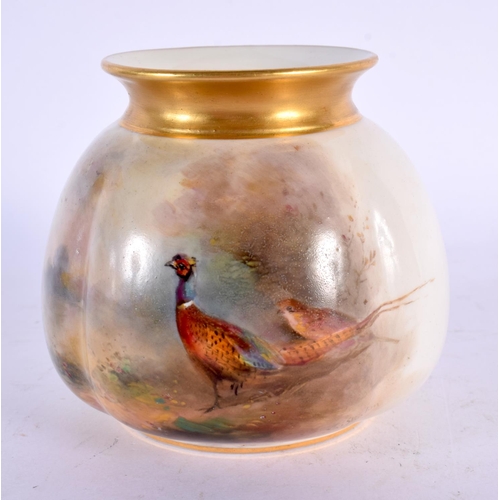 149 - ROYAL WORCESTER LOBED OVOID VASE , PAINTED BY JAS STINTON, SIGNED, WITH A BRACE OF PHEASANTS, 8CM HI... 