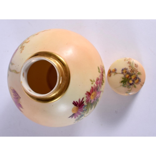 150 - ROYAL WORCESTER GLOBULAR POT POURRI AND CAP COVER, PAINTED WITH FLOWERS ON A BLUSH IVORY GROUND, 12.... 