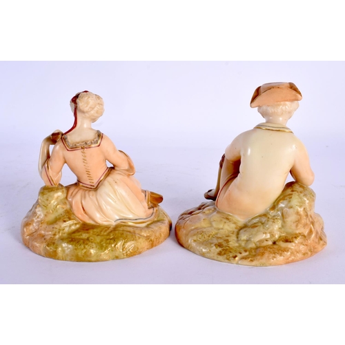 154 - ROYAL WORCESTER FIGURES, OF MUSICIANS, AS A SEATED GIRL AND BOY, IN 18TH CENTURY COSTUME, HE PLAYING... 