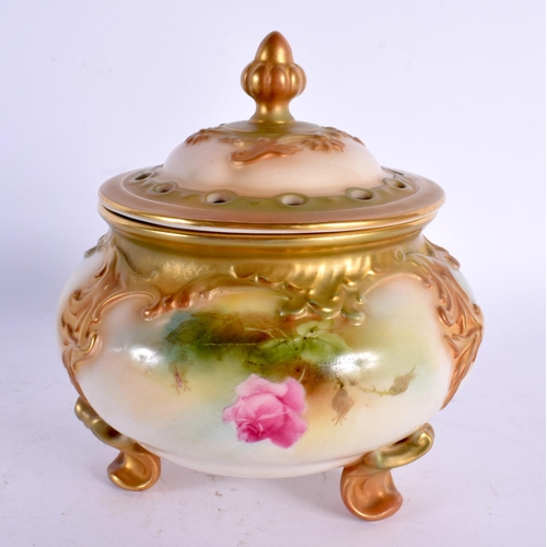 158 - ROYAL WORCESTER POT POURRI VASE AND COVER, PAINTED WITH ROSES, RAISED WITH ACANTHUS SCROLLS, PIERCED... 