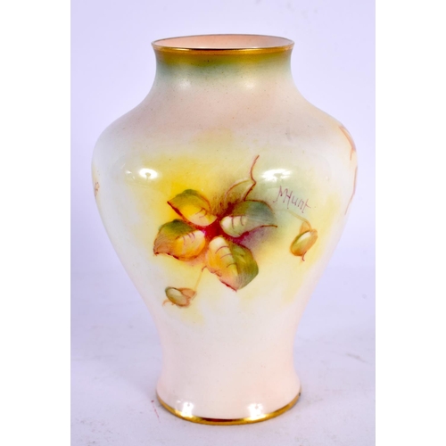 162 - ROYAL WORCESTER BALUSTER VASE, PAINTED BY M HUNT, SIGNED, WITH ROSES, 10CM HIGH, PRINTED MARK IN BLA... 