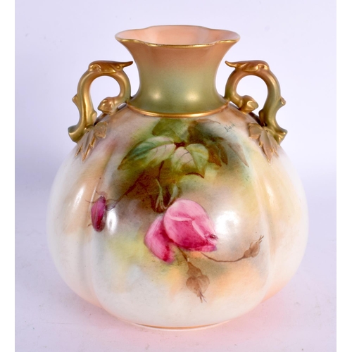 167 - ROYAL WORCESTER TWO HANDLED LOBED OVOID VASE, PAINTED BY HOOD, SIGNED, WITH RED AND PINK ROSES, LEAF... 