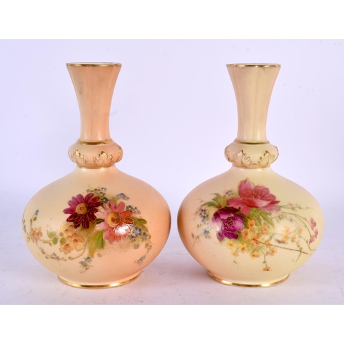 168 - ROYAL WORCESTER PAIR OF VASES, WITH FLARED NECKS, PRINTED AND PAINTED WITH SUMMER FLOWERS ON A BLUSH... 