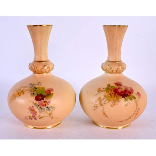 168 - ROYAL WORCESTER PAIR OF VASES, WITH FLARED NECKS, PRINTED AND PAINTED WITH SUMMER FLOWERS ON A BLUSH... 