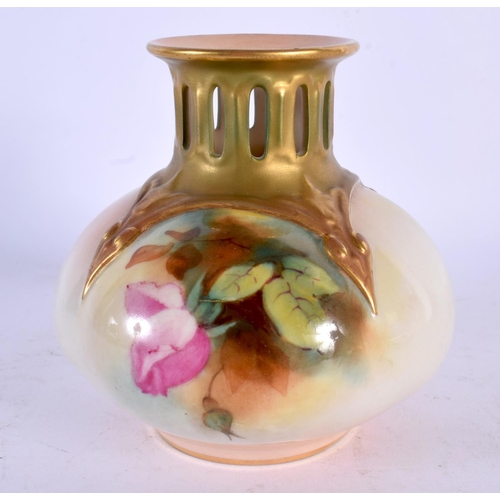 169 - ROYAL WORCESTER GLOBULAR VASE, WITH PIERCED NECK PAINTED WITH ROSES, IN RELIEF WITH TENDRILS, 10.5CM... 