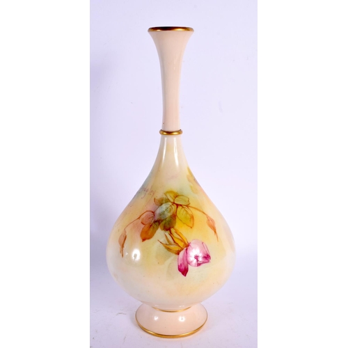 173 - ROYAL WORCESTER BOTTLE VASE PAINTED BY SEDGLEY, WITH ROSES IN HADLEY STYLE, 24.5CM HIGH, PRINTED CRO... 