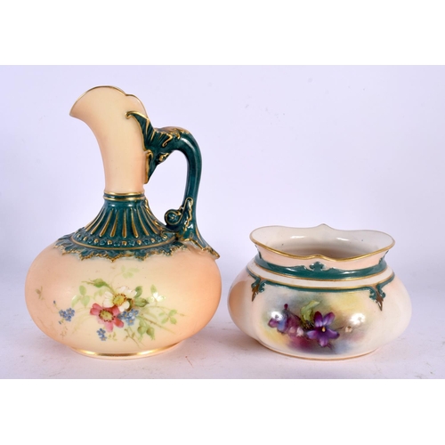 178 - ROYAL WORCESTER EWER, ENAMELLED WITH FLOWERS ON A BLUSH IVORY AND GREEN GROUND, 12CM HIGH, SHAPE 113... 