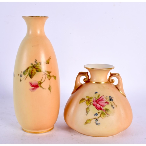 180 - ROYAL WORCESTER TWO HANDLED VASE, PRINTED AND PAINTED WITH SIMMER FLOWERS ON A BLUSH IVORY GROUND, 9... 