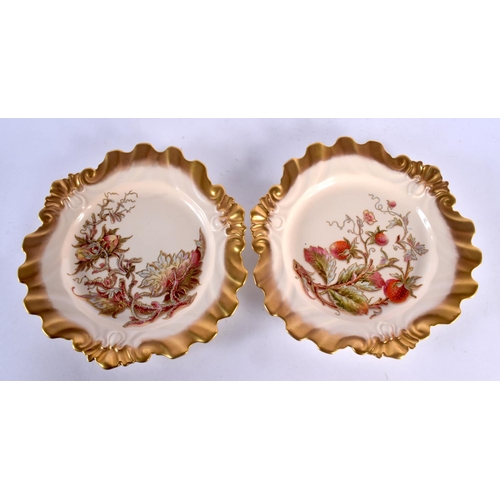 185 - ROYAL WORCESTER PAIR MOULDED PLATES, PAINTED WITH A STRAWBERRY AND FOLIAGE, RAISED GILT STEMS, GILT ... 