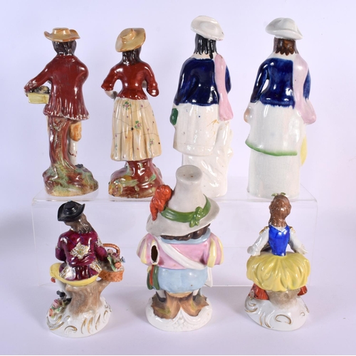 19 - A PAIR OF DRESDEN PORCELAIN FIGURES together with Staffordshire figures. Largest 20 cm high. (7)